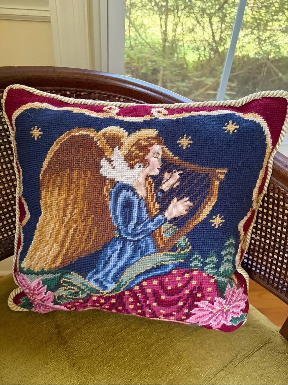 Needlepoint Angel Harp Holiday Pillow with red velvet back 13x13